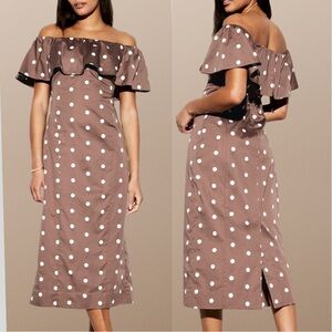 NWTS🌹THE OCCASION S🌹LUSTROUS TAUPE WHITE OFF SHOULDER/ONE SHOULDER MIDI DRESS